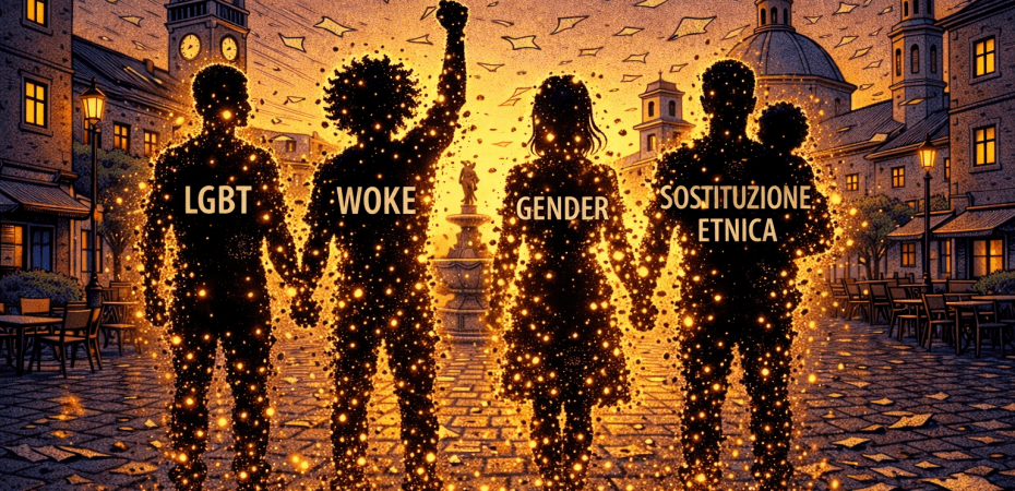 Shattered papers labeled fear, doubt, anxiety, and failure flying in a town square at sunrise