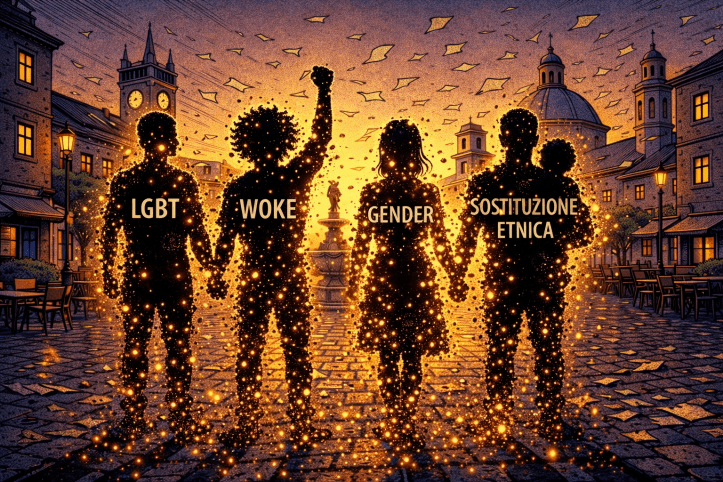 Shattered papers labeled fear, doubt, anxiety, and failure flying in a town square at sunrise