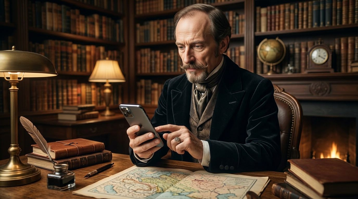 Historical scholar using modern smartphone Man in vintage clothing using smartphone at desk with old map and books