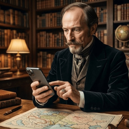 Man in vintage clothing using smartphone at desk with old map and books