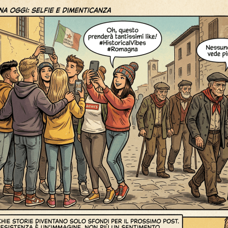 Group of young people taking selfies while elderly men walk by unnoticed