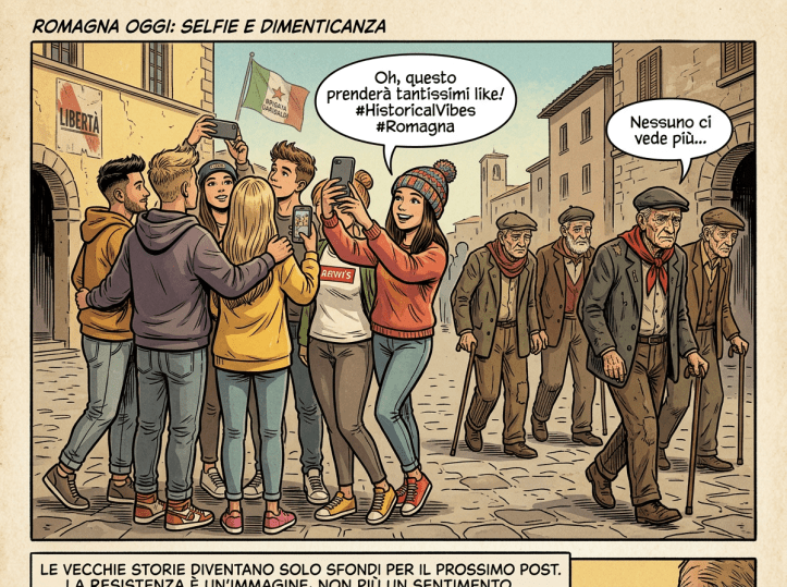 Group of young people taking selfies while elderly men walk by unnoticed