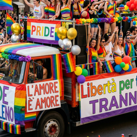 Truck decorated with rainbow flags and banners reading 'Pride Arcobaleno,' 'L'amore è Amore,' 'Diritti per tutti,' and 'Libertà di essere' surrounded by people waving rainbow flags