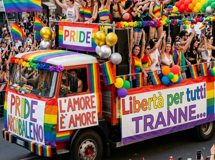 Truck decorated with rainbow flags and banners reading 'Pride Arcobaleno,' 'L'amore è Amore,' 'Diritti per tutti,' and 'Libertà di essere' surrounded by people waving rainbow flags