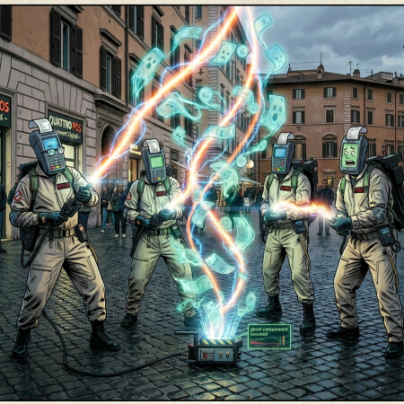 Four Ghostbusters in beige suits capturing glowing digital banknotes in a city square