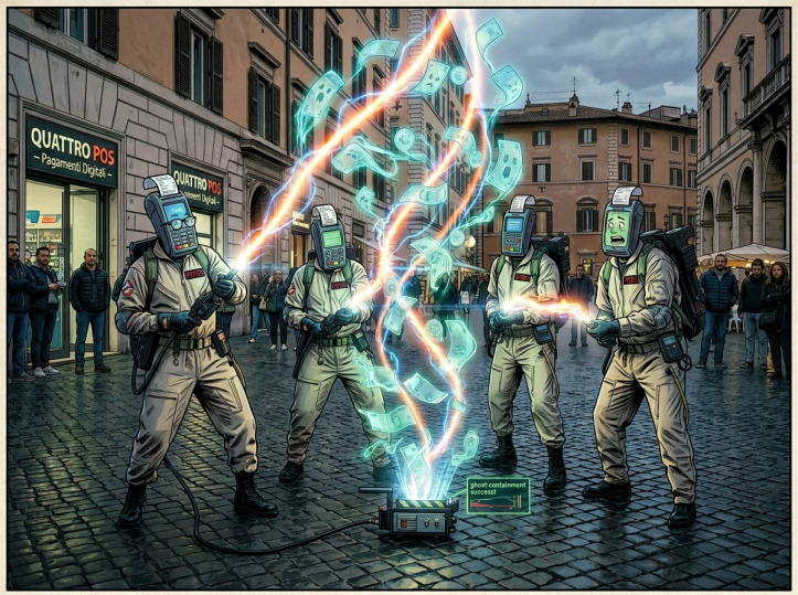 Four Ghostbusters in beige suits capturing glowing digital banknotes in a city square