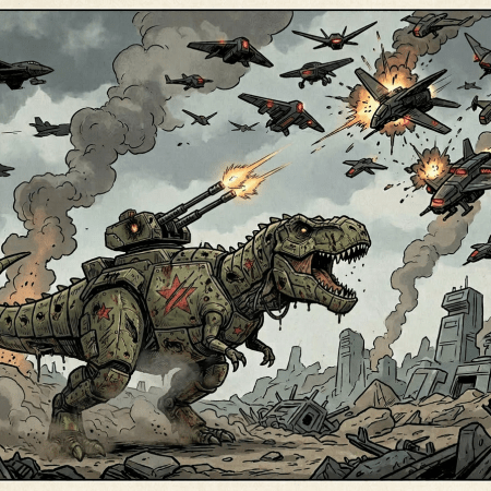 Robotic T-Rex with Soviet markings firing anti-air guns at attacking drones in a destroyed urban setting
