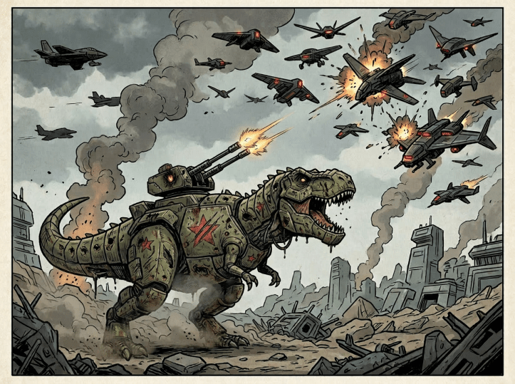 Robotic T-Rex with Soviet markings firing anti-air guns at attacking drones in a destroyed urban setting
