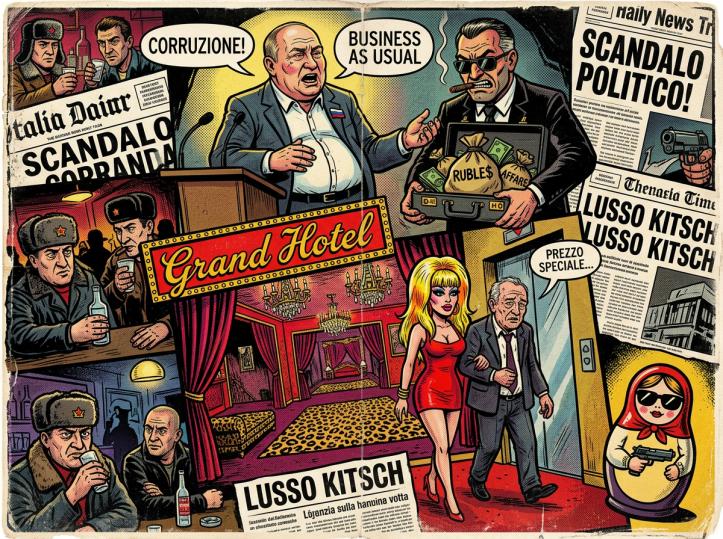Cartoon showing a politician talking about corruption and business, money bags labeled rubles, luxury hotel interior, people drinking vodka, headlines about political scandal, and a woman with a man at a hotel entrance.